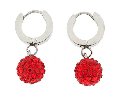Ben and Jonah Stainless Steel Huggie Base Earring with Hanging Red Disco Ball with Red Stones
