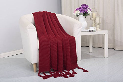 Tejido Collection Classic Woven Knitted Throw Blanket with Fringes (50 inch  x 60 inch ) - Brick Red