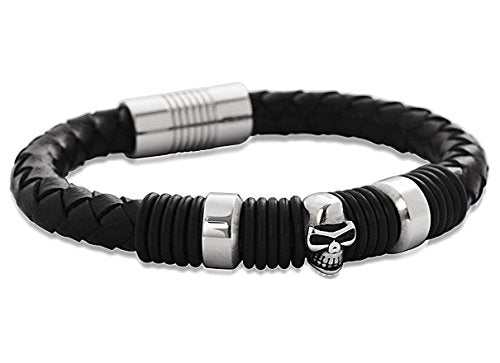 BenandJonah Stainless Steel Skull Bead Black Leather Bracelet