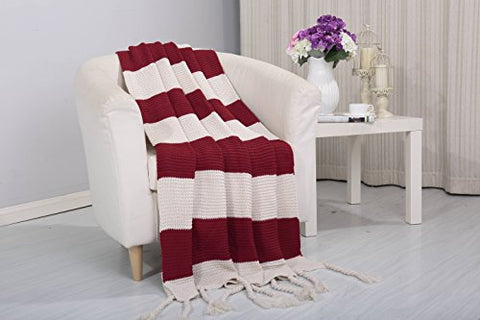 Tejido Collection Classic Woven Knitted 2-Tone Throw Blanket with Fringes (50 inch  x 60 inch ) - Brick Red/White