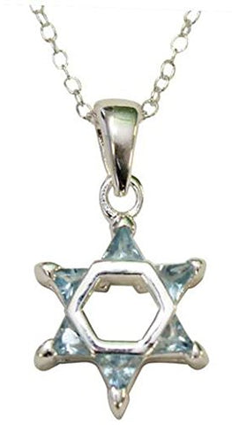 Silver Star of David with Light Blue Â Color Stones Necklace - Chain 18 inch  Pendant 1/2 inch W X 1 inch H