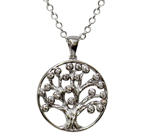 Silver Tree of Life Amulet with CZ Stones Chain 18 inch  Pendant 7/8W x 1 1/8 inch H