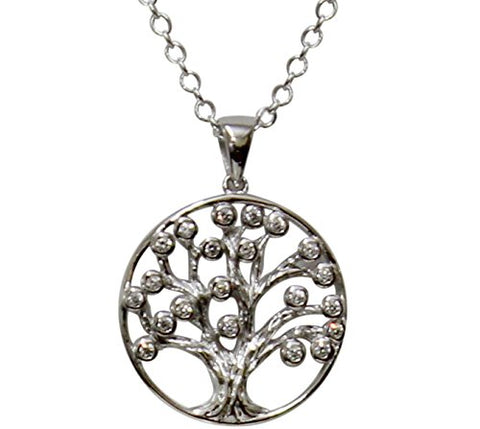 Silver Tree of Life Amulet with CZ Stones Chain 18 inch  Pendant 7/8W x 1 1/8 inch H