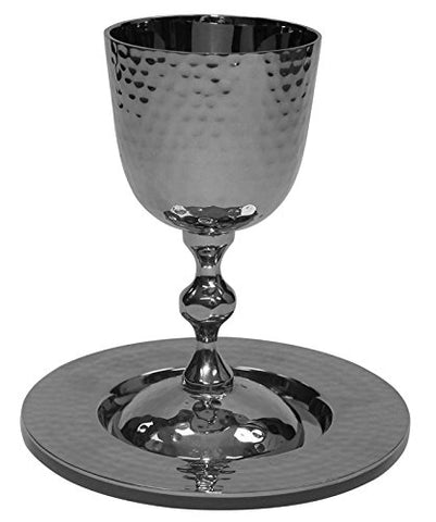 Kiddush Cup Hammered Nickel W/Saucer 5 inch H