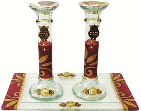 5th Avenue Collection Candle Stick With Tray Large Applique - Burgundy - Tray 10 inch  W X 5 inch  L - Candlesticks - 7.5 inch  H