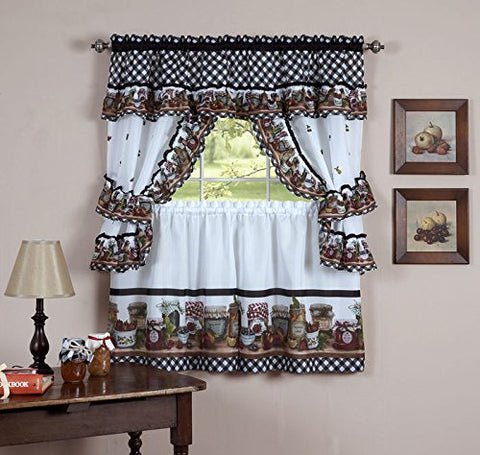 Park Avenue Collection Mason Jars Set - 57x24 Tier Pair/57x36 Tailored Topper with attached valance and tiebacks. - Black/White