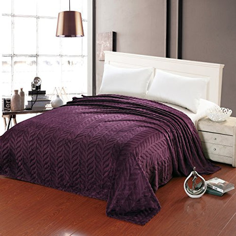 Ben&Jonah Designer Plush King (102 inch  x 86 inch ) Leaf Etched Jacquard Blanket - Purple