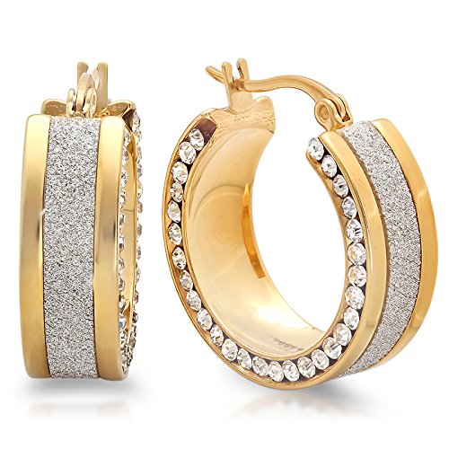 Ben and Jonah Ladies 18k Gold Plated Hoop Earrings with Shimmer and Simulated Diamonds