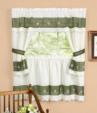 Park Avenue Collection Berkshire Embellished Cottage Set - 58x36 Tailored Tier Pair/58x36 Tailored Topper with attached swaggers and tiebacks. - Green