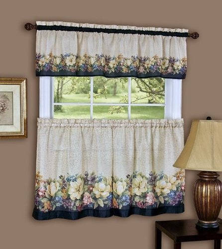 Park Avenue Collection Antique Floral Printed Tier and Valance set 58x24 Tier Pair and 58x13 Valance - Black