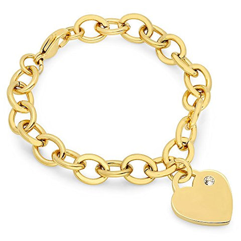 Lady's 18K Gold Plated Stainless Steel Rolo Bracelet with Swarovski Elements Heart Charm