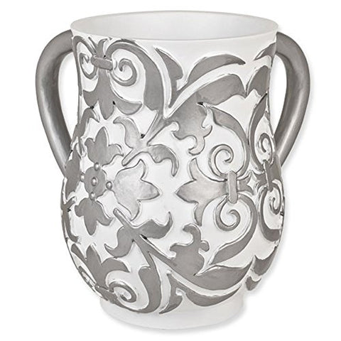 Ultimate Judaica White and Silver Floral Resin Wash Cup (Netilat Yadayim) - 6.25 inch  H