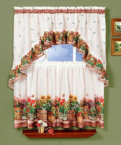 Park Avenue Collection Country Garden Printed Tier and Swag Set - 57x36 Tier Pair/57x30 Swag - Multi