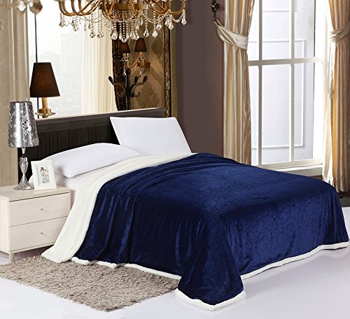 Simple Elegance Luxurious Reversible Sherpa Lining Carved Velboa Blanket - Queen (Navy)