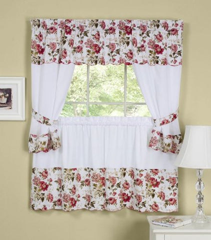 Park Avenue Collection Wisteria Embellished Cottage Set - 58x36 Tailored Tier Pair/58x36 Tailored Topper with attached swaggers and tiebacks. - Rose