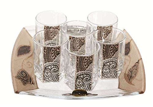 Cheers Collection Liquor Set with 6 Glasses And Tray Tulip - Brown - Tray 8 inch  X 8 inch  - Cup 2 inch  H