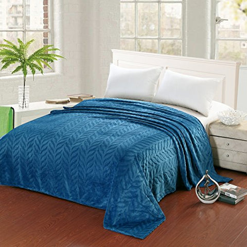 Ben&Jonah Designer Plush King (102 inch  x 86 inch ) Leaf Etched Jacquard Blanket - Blue