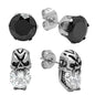 Unisex 2 Pair Stainless Steel Earring Set of One Black Stone Stud and One Gothic Skull Stud with CZ