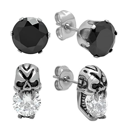 Unisex 2 Pair Stainless Steel Earring Set of One Black Stone Stud and One Gothic Skull Stud with CZ