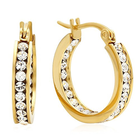 Lady's 18K Gold Plated Stainless Steel Hoop Earrings with Swarovski Elements Crystals