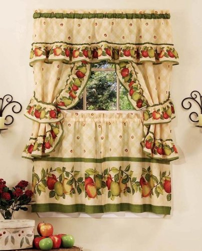 Park Avenue Collection Apple Orchard Cottage Set - 57x36 Tier Pair/57x36 Ruffled Topper with attached valance and tiebacks. - Antique