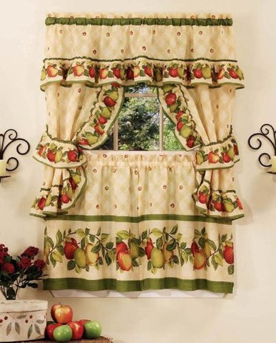 Park Avenue Collection Apple Orchard Cottage Set - 57x24 Tier Pair/57x36 Ruffled Topper with attached valance and tiebacks. - Antique