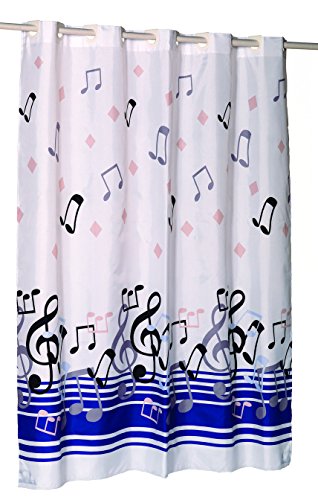 Royal Bath Easy On No Hooks Needed Extra Wide (108 inch  x 72 inch ) Fabric Shower Curtain with Built in Hooks - Blue Note