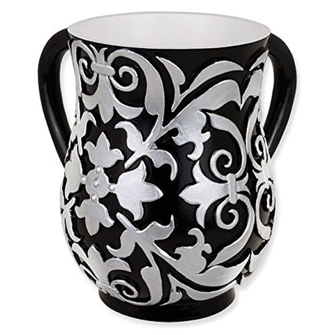 Ultimate Judaica Black and Silver Floral Resin Wash Cup (Netilat Yadayim) - 6.25 inch  H