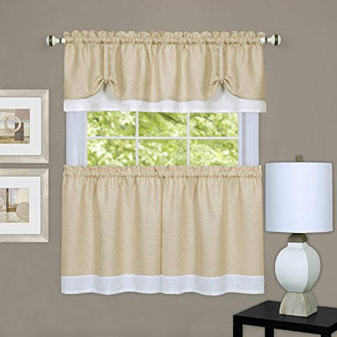 Sally Elegance Double Layered 3 Piece Tier (58 inch  x 24 inch ) and Valance (58 inch  x 14 inch ) Set - Tan