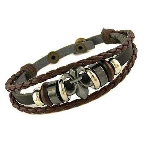 Ben & Jonah Brown Leather and Stainless Steel Multi Layer Bracelet with Fleur De Lis (7.5 inch -8.5 inch  Adjustable Length)