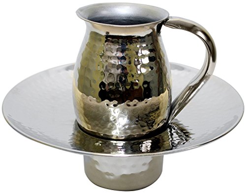 Beracha Collection Stainless Steel Mayim Achronim set (Bowl 2.75 inch  H 7.5 inch  W Cup 4 inch  H 2 1/2 inch  1 Handle Silver Hammered)