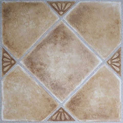 Roman Palace Collection 20 Pack of 12 inch  x 12 inch  Self Adhesive High Gloss (No Wax) Finish 1.2mm Thick Vinyl Tiles - Beige Clay Diamond with Accents