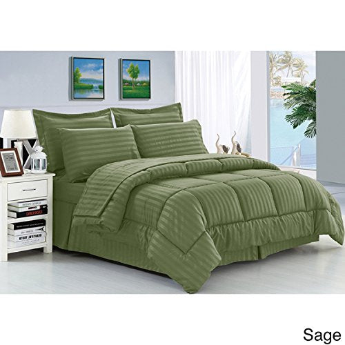 Ben&Jonah Designer Plush Queen 8 Piece Set: Embossed Dobby Stripe Microfiber Bed In A Bag -Sage