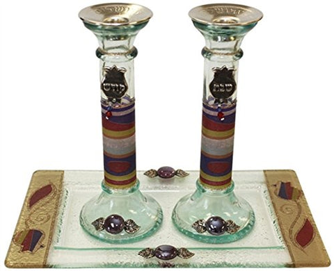 Ultimate Judaica Candle Stick With Tray Large Applique - Purple Pomegranate - Tray 10  inch  W X 5  inch  L - Â Candle Sticks Â - 7.5  inch  H