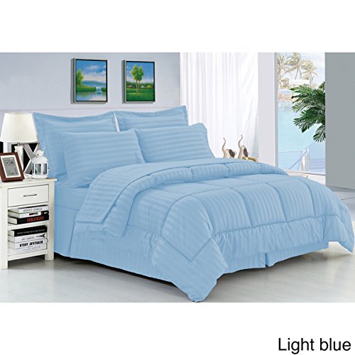 Ben&Jonah Designer Plush King 8 Piece Set: Embossed Dobby Stripe Microfiber Bed In A Bag -Lt.Blue