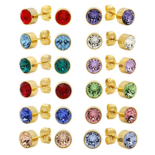 Lady'S 18K Gold Plated Stud Earrings With February Swarovski Elements Amethyst Birthstone