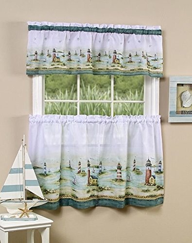 Park Avenue Collection Hamptons Printed Tier and Valance set 58x36 Tier Pair and 58x13 Valance - Sand