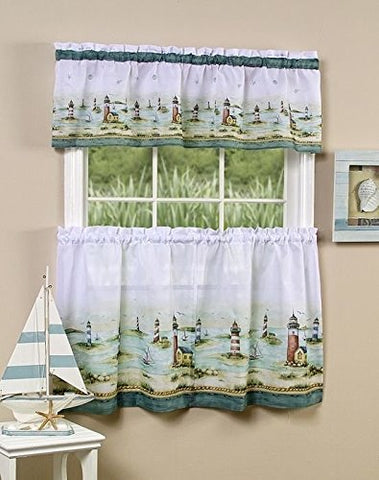 Park Avenue Collection Hamptons Printed Tier and Valance set 58x24 Tier Pair and 58x13 Valance - Sand