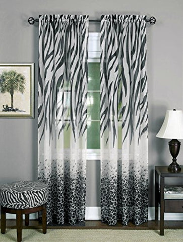 Savannah Collection Wild Safari Zebra and Leopard Print Sheer Panel in Black (50 inch  x 63 inch )One Panel Only