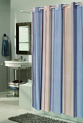 Royal Bath Easy On (No Hooks Needed) Fabric Shower Curtain (70 inch  x 72 inch ) with Built in Hooks - Blue Stripes