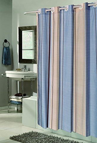 Royal Bath Easy On (No Hooks Needed) Fabric Shower Curtain (70 inch  x 72 inch ) with Built in Hooks - Blue Stripes