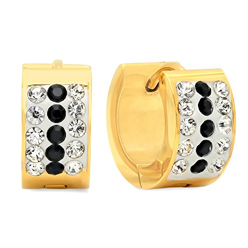 Ben and Jonah Ladies 18k Gold Plated Stainless Steel White and Black simulate Diamond Huggie Earrings