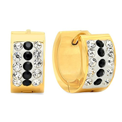 Ben and Jonah Ladies 18k Gold Plated Stainless Steel White and Black simulate Diamond Huggie Earrings