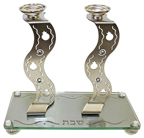 Ultimate Judaica Lazer Cut Candle Stick With Tray Â - Tray 9 3/4 inch W X 5 inch  L Candle Sticks 7 inch H