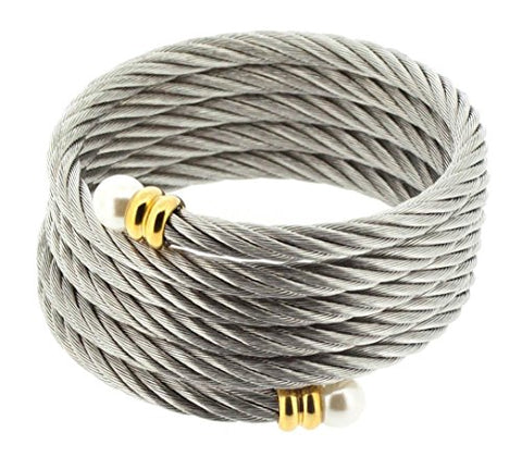 Ben and Jonah Stainless Steel Ladies Fancy Multi-wrap Cable Bracelet with Simulated Pearls At Ends