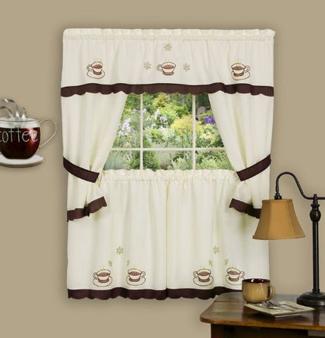 Ben&Jonah Collection Cuppa Joe Embellished Cottage Window Curtain Set - 58x36 Tailored Tier Pair/58x36 Tailored Topper with attached swaggers and tiebacks. - Brown