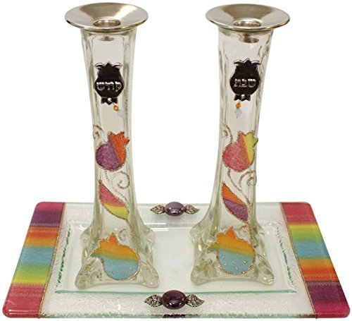 Ultimate Judaica Candle Stick With Tray Large Applique - Rainbow With Pomegranate - Tray 10 inch W X 5 inch L - Â Candle Sticks Â - 9 inch  H