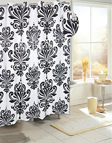 Royal Bath Easy On (No Hooks Needed) PEVA Non-Toxic Shower Curtain Liner (70 inch  x 72 inch ) with Built in Hooks - Beacon Hill Black/White