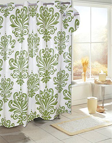 Royal Bath Easy On (No Hooks Needed) PEVA Non-Toxic Shower Curtain Liner (70 inch  x 72 inch ) with Built in Hooks - Beacon Hill Sage/Ivory