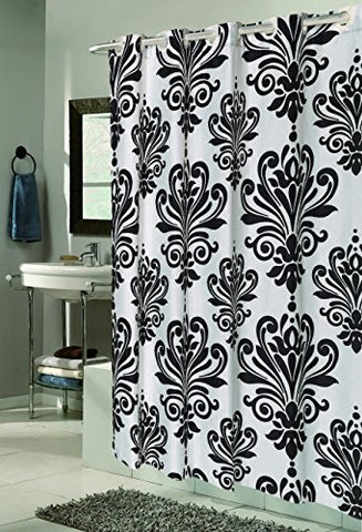 Royal Bath Easy On (No Hooks Needed) Fabric Shower Curtain (70 inch  x 72 inch ) with Built in Hooks - Beacon Hill Black & White